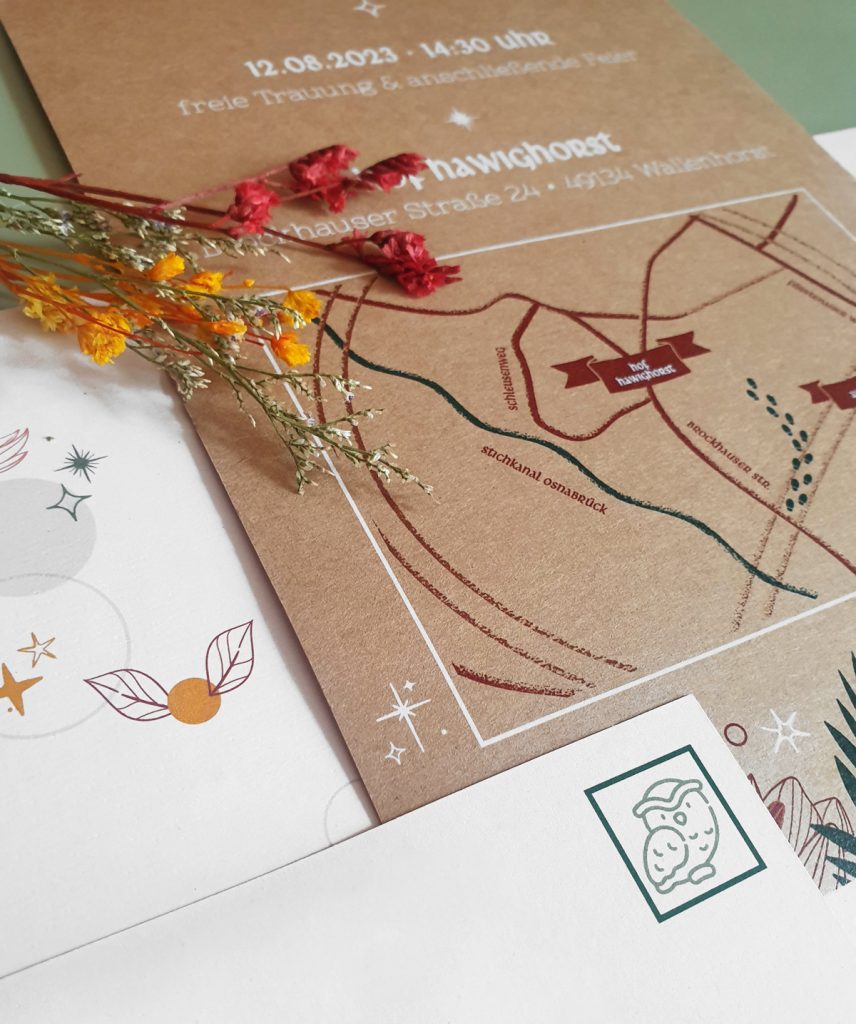 Detailshot of wedding invitations: a map looking like harry potters Marauder's Map to guide the guests the way to the wedding event