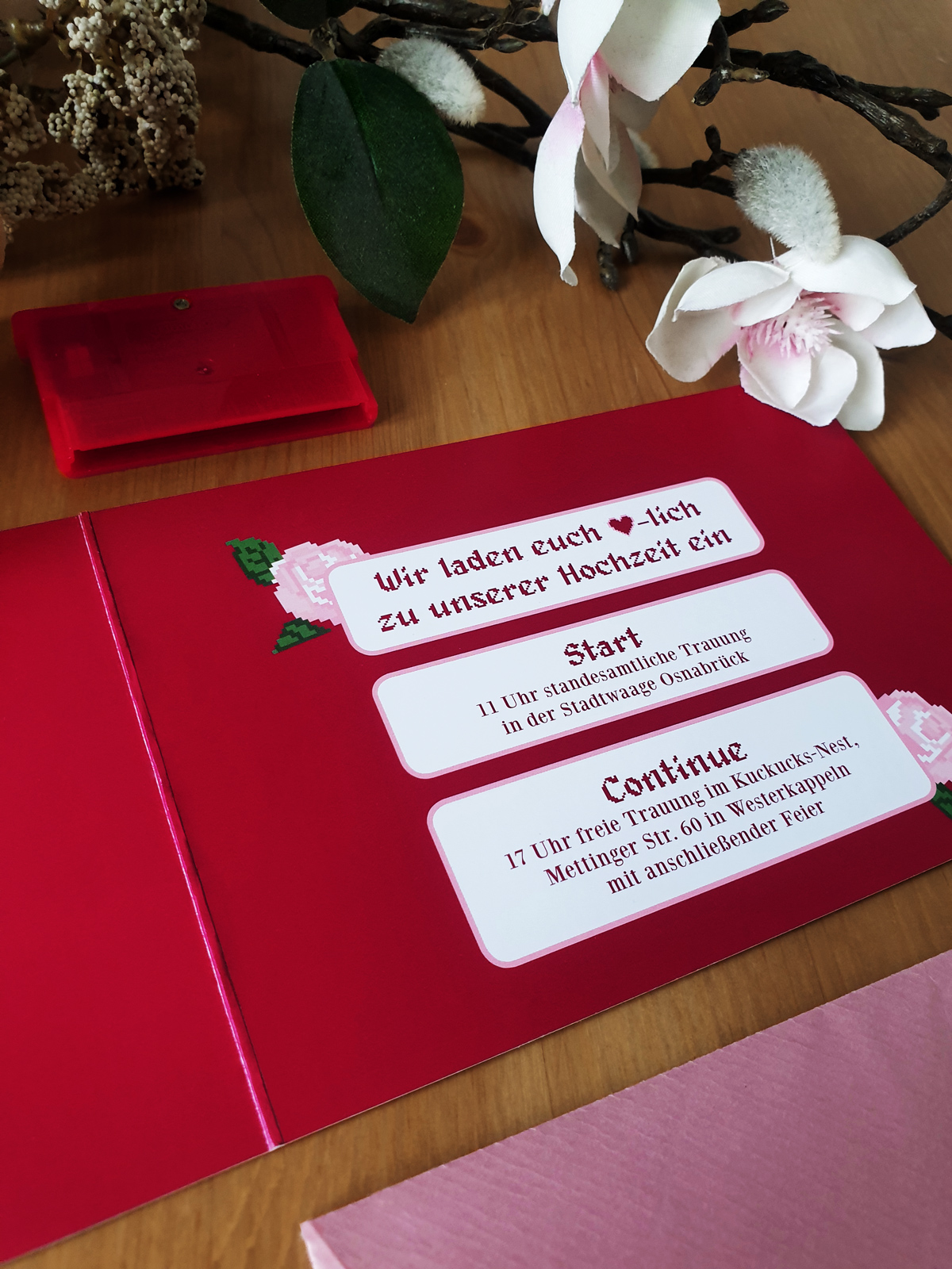 pink Wedding Invitation from the inside gives details about the details