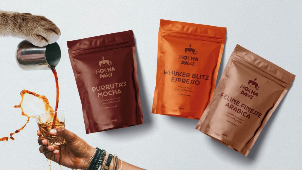 Packaging Design for three Mocha Paws coffee blends in different colored pouches