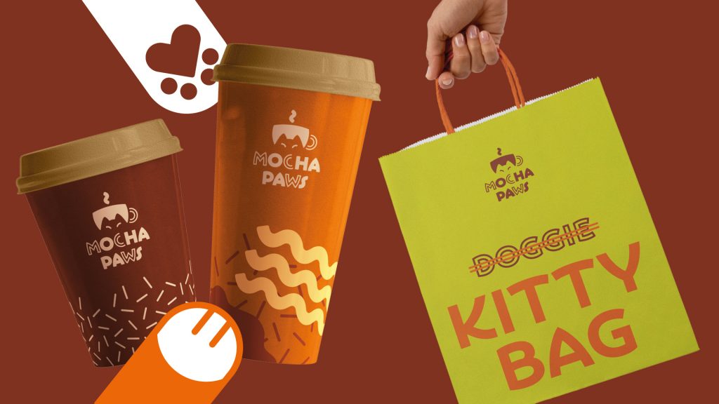 Mocha Paws Packaging Design for hot beverages, coffee cups to go and bags