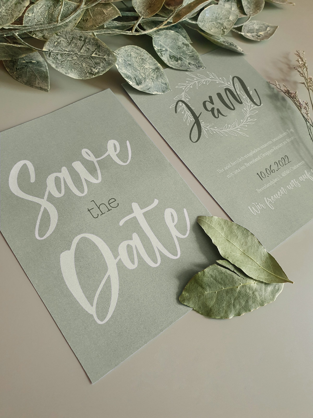 Wedding Stationary sage green invitation card and save the date card