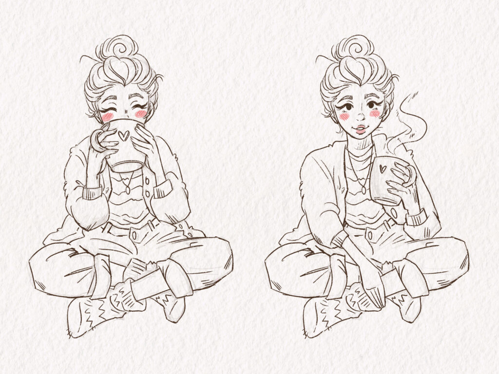 Illustration Character Design of a young woman with a hairbun named Holly drinking from a large cup of coffee