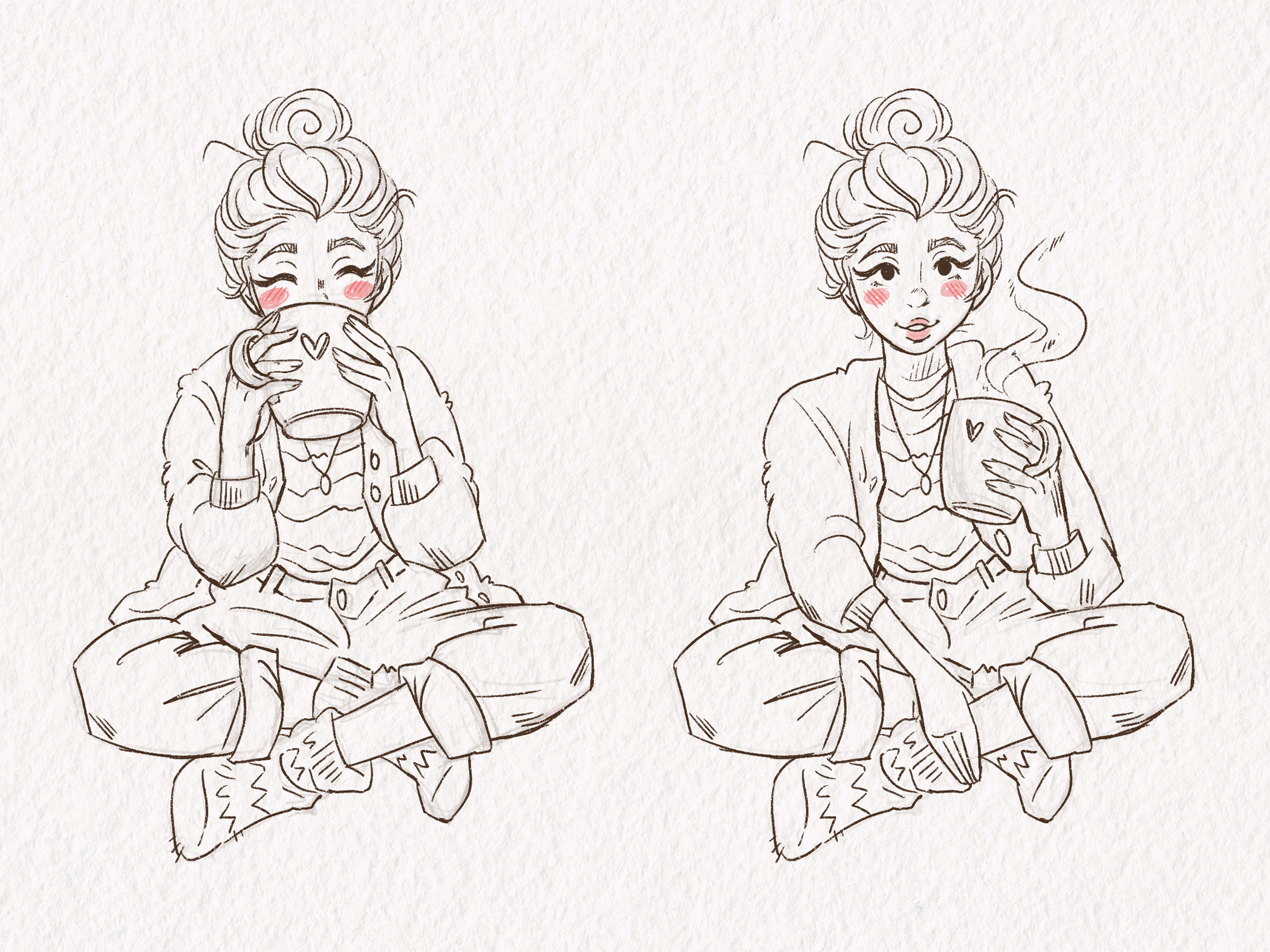 Illustration Character Design of a young woman with a hairbun named Holly drinking from a large cup of coffee
