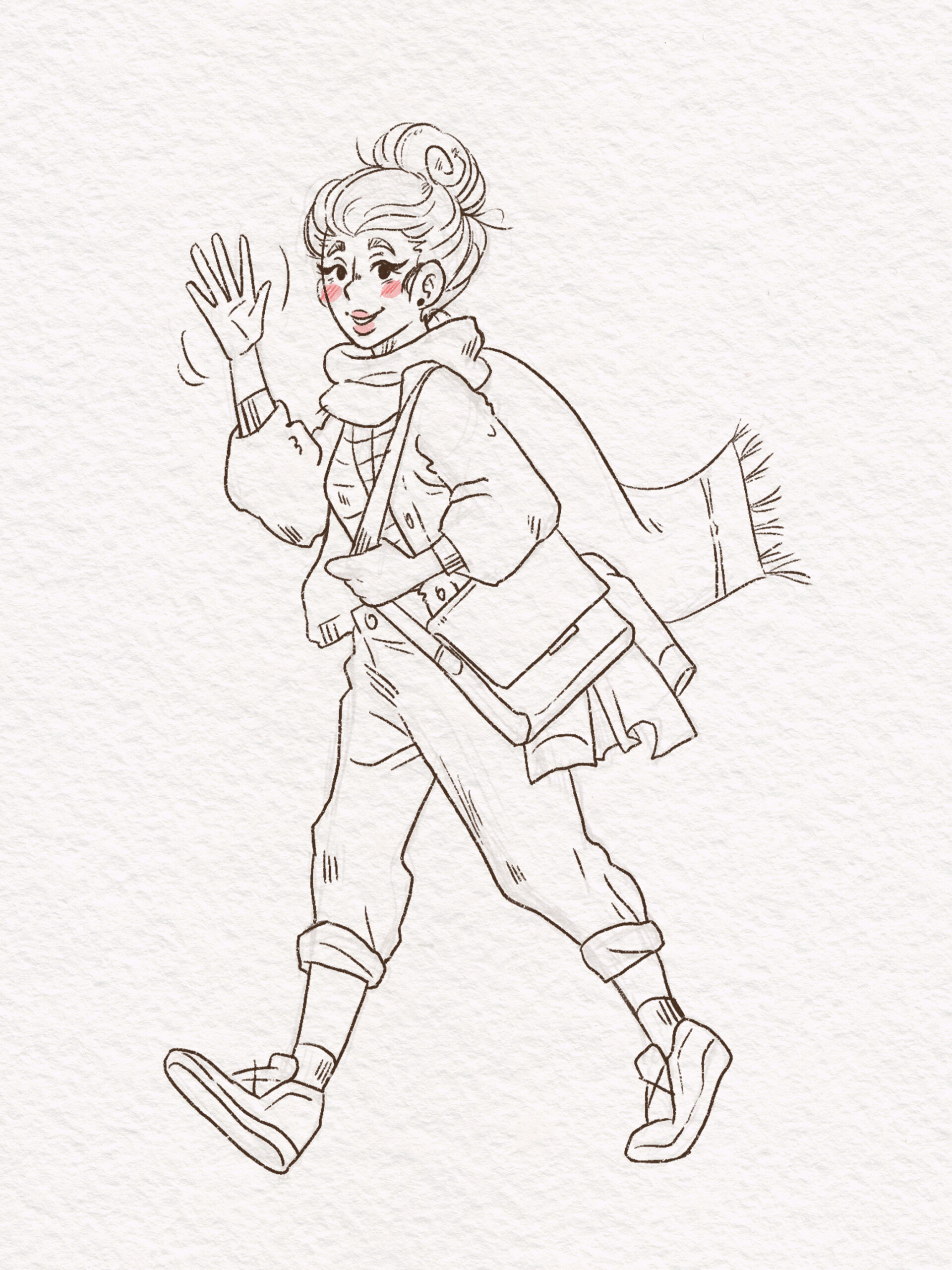 Illustration Character Design of a young woman with a hairbun named Holly waving while walking with a satchel over her shoulder