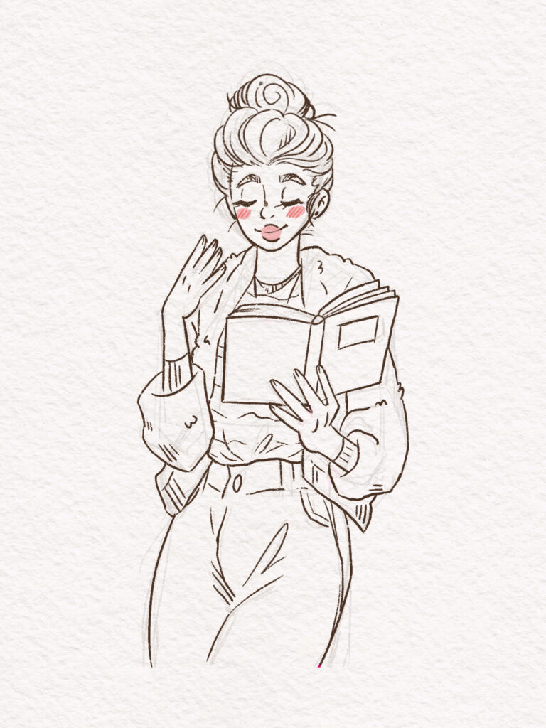 Illustration Character Design of a young woman with a hairbun named Holly reading a book and smiling