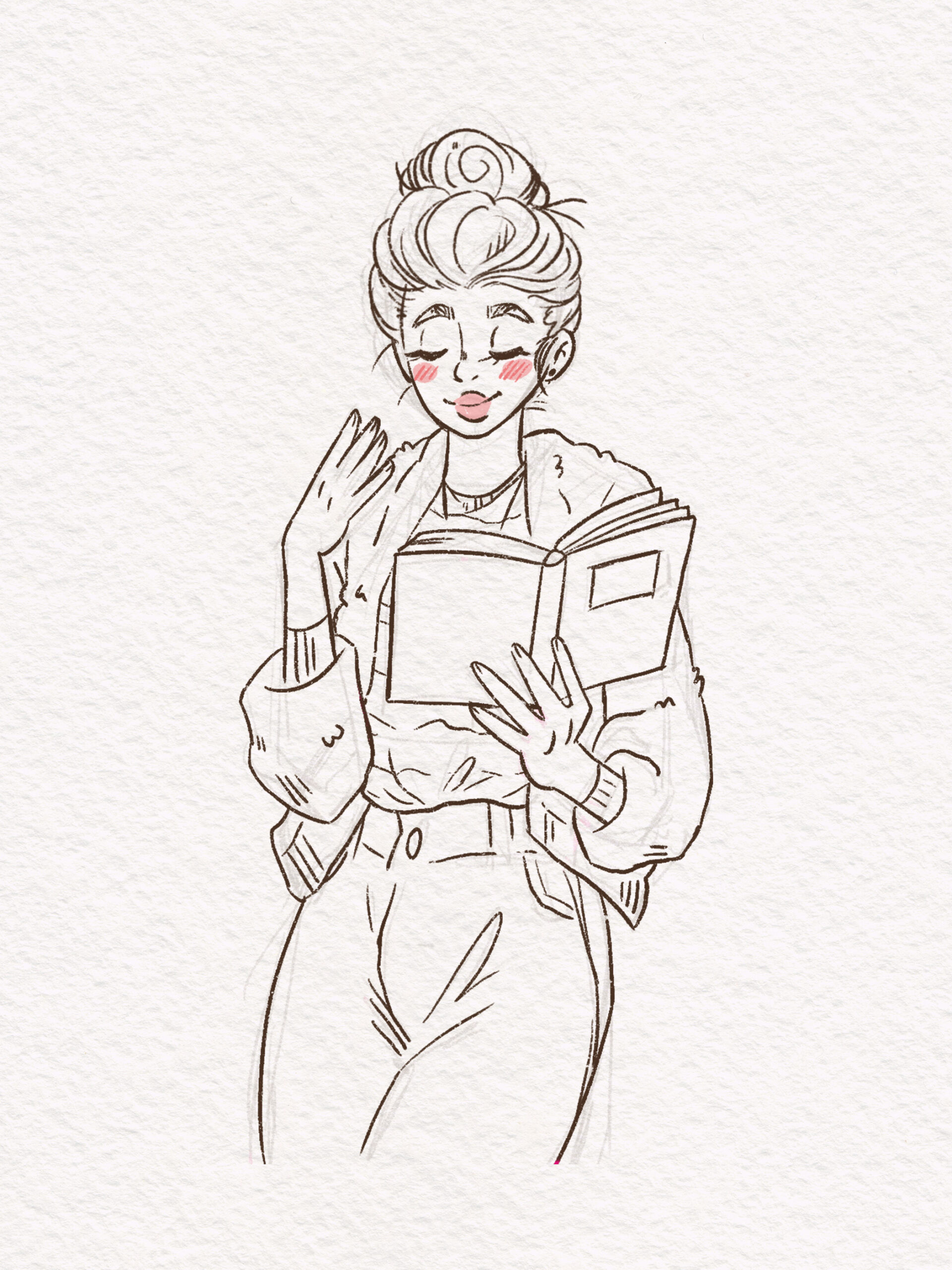 Illustration Character Design of a young woman with a hairbun named Holly reading a book and smiling