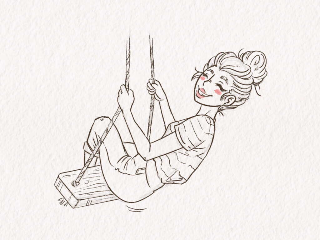 Illustration Character Design of a young woman with a hairbun named Holly on a swing, looking happy