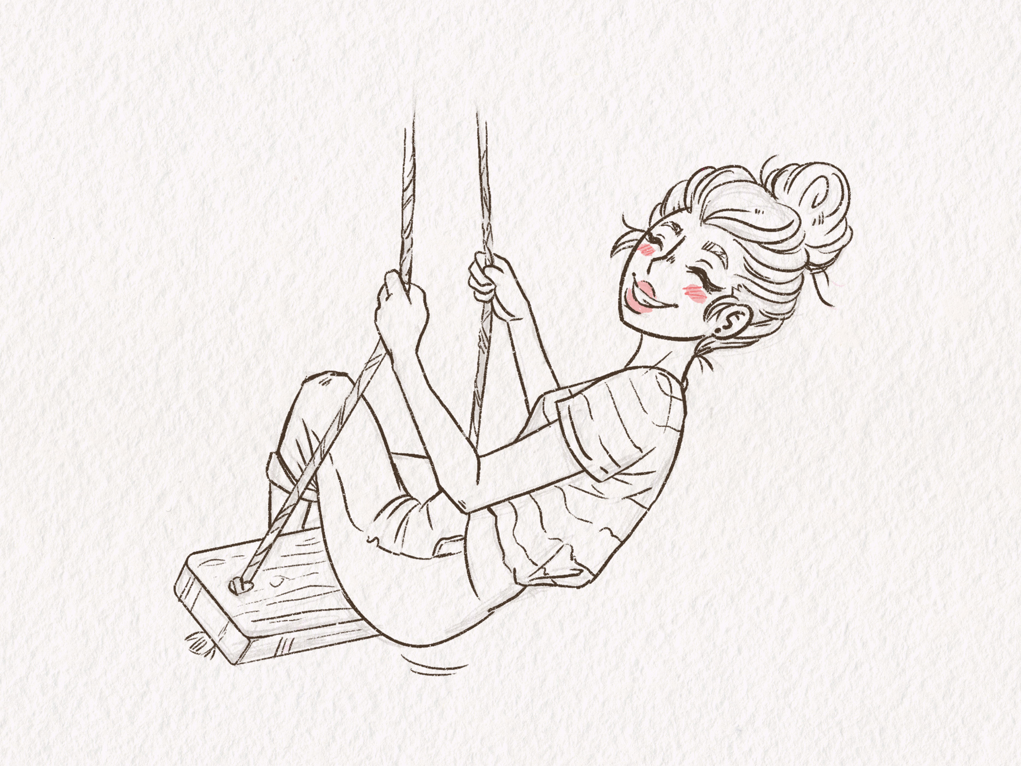 Illustration Character Design of a young woman with a hairbun named Holly on a swing, looking happy