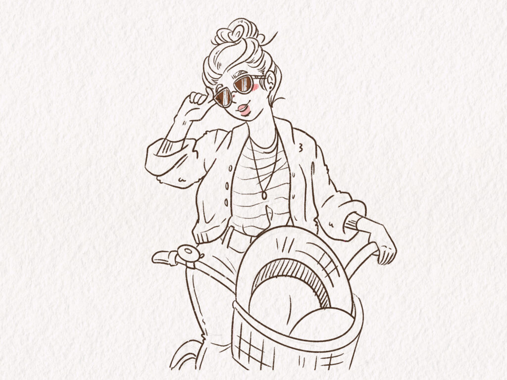 Illustration Character Design of a young woman with a hairbun named Holly on a bicycle wearing shades