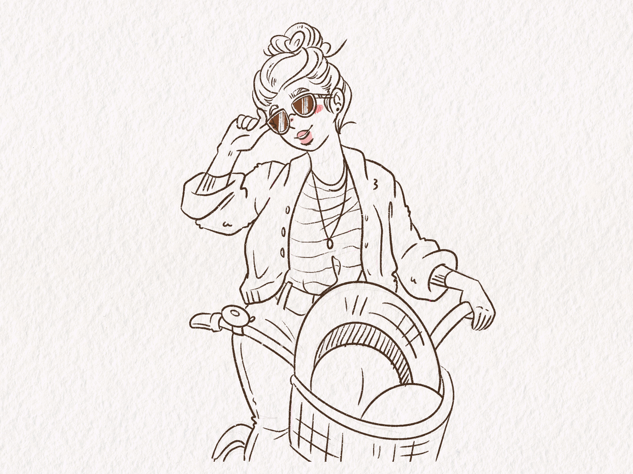 Illustration Character Design of a young woman with a hairbun named Holly on a bicycle wearing shades