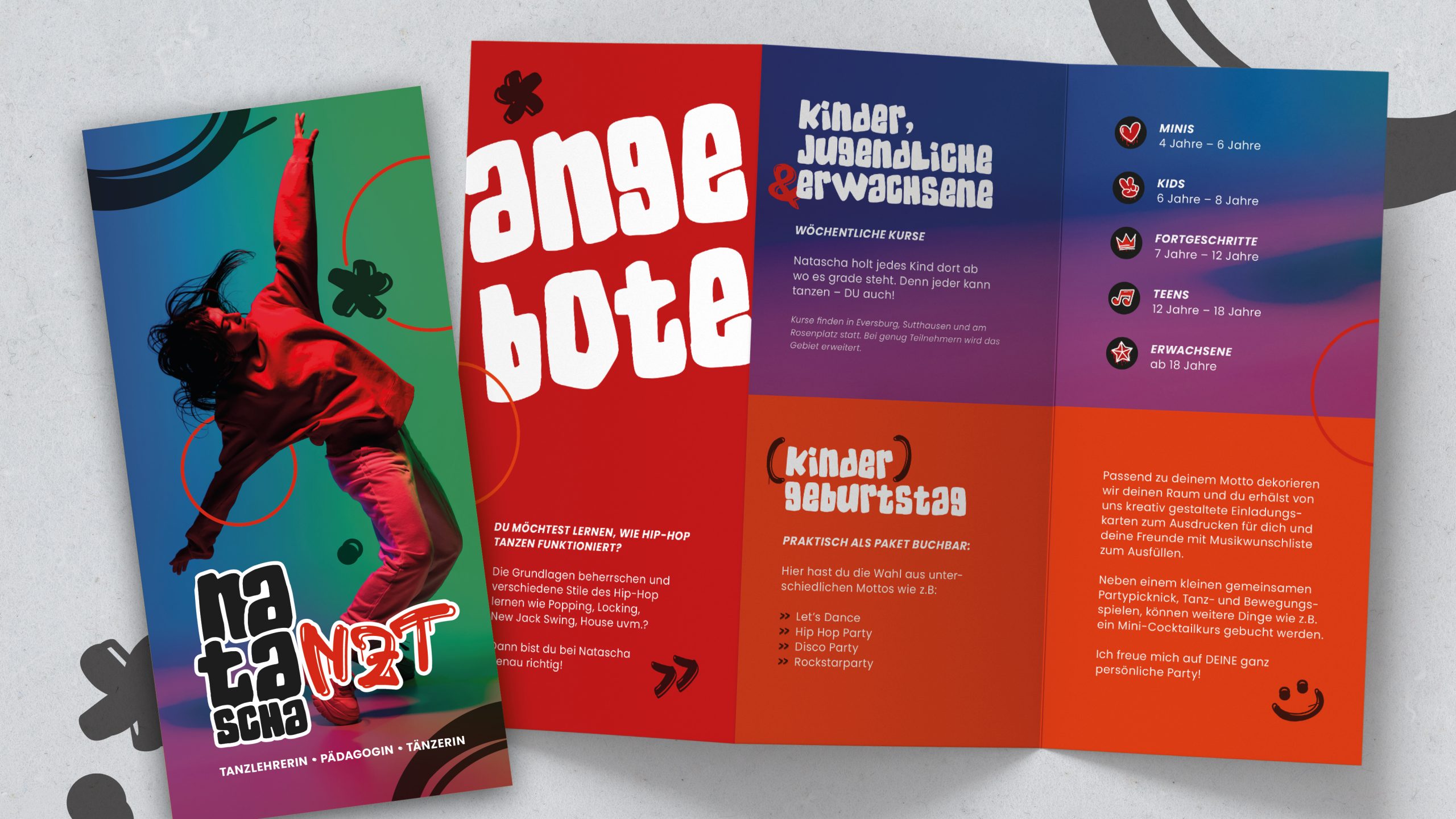colorful threefold flyer with the description and the range of dancing groups Natascha offers with hand drawn icons.