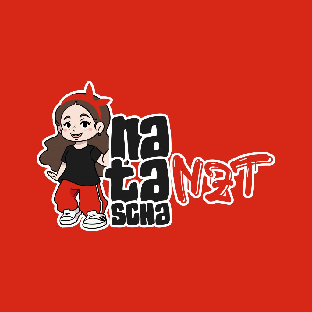 Logo Natascha tanzt shows a graffiti font and a cute stylized chibi-character with a bandana