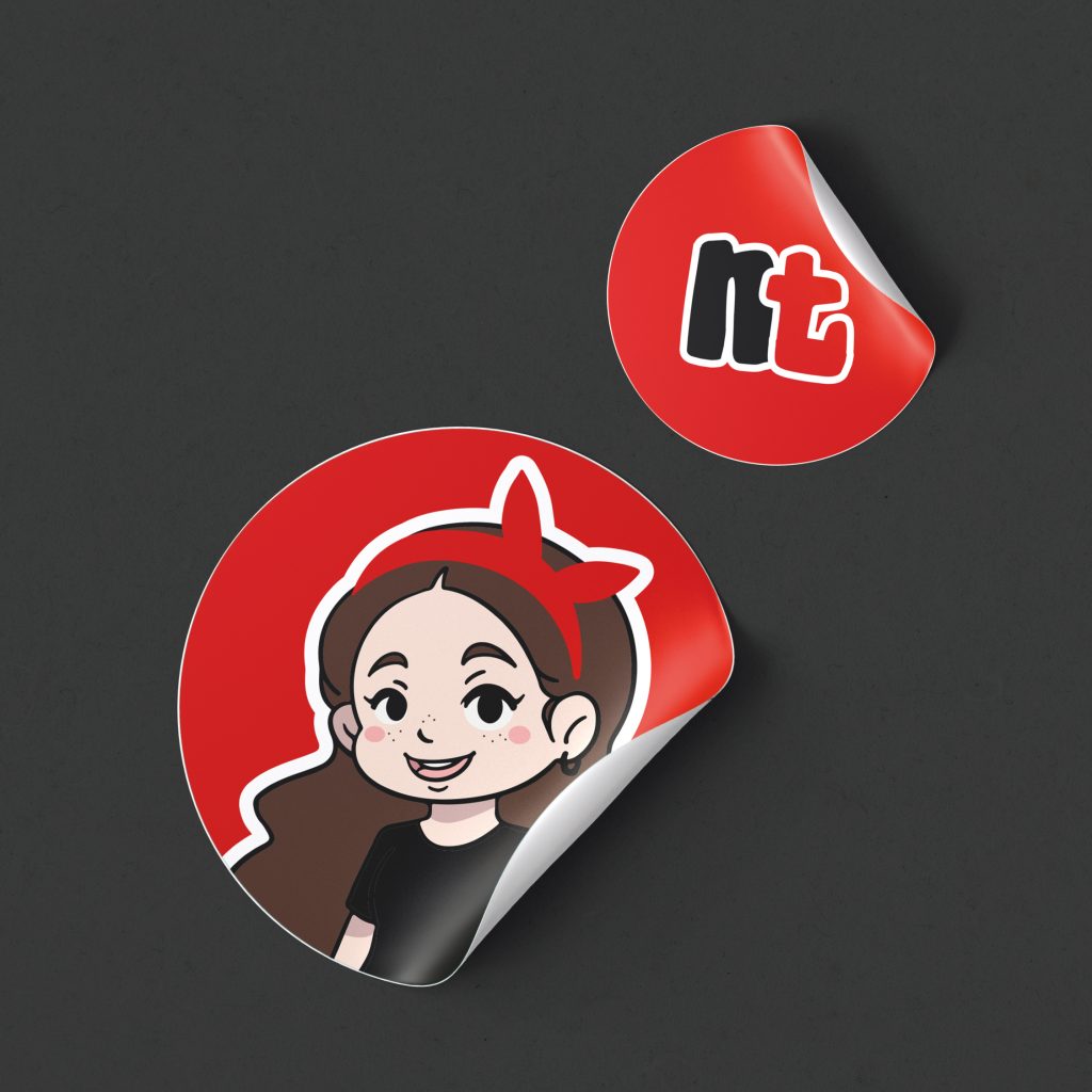 two stickers are shown: one with the font from Natascha's Logo and the other with the stylized chibi-character