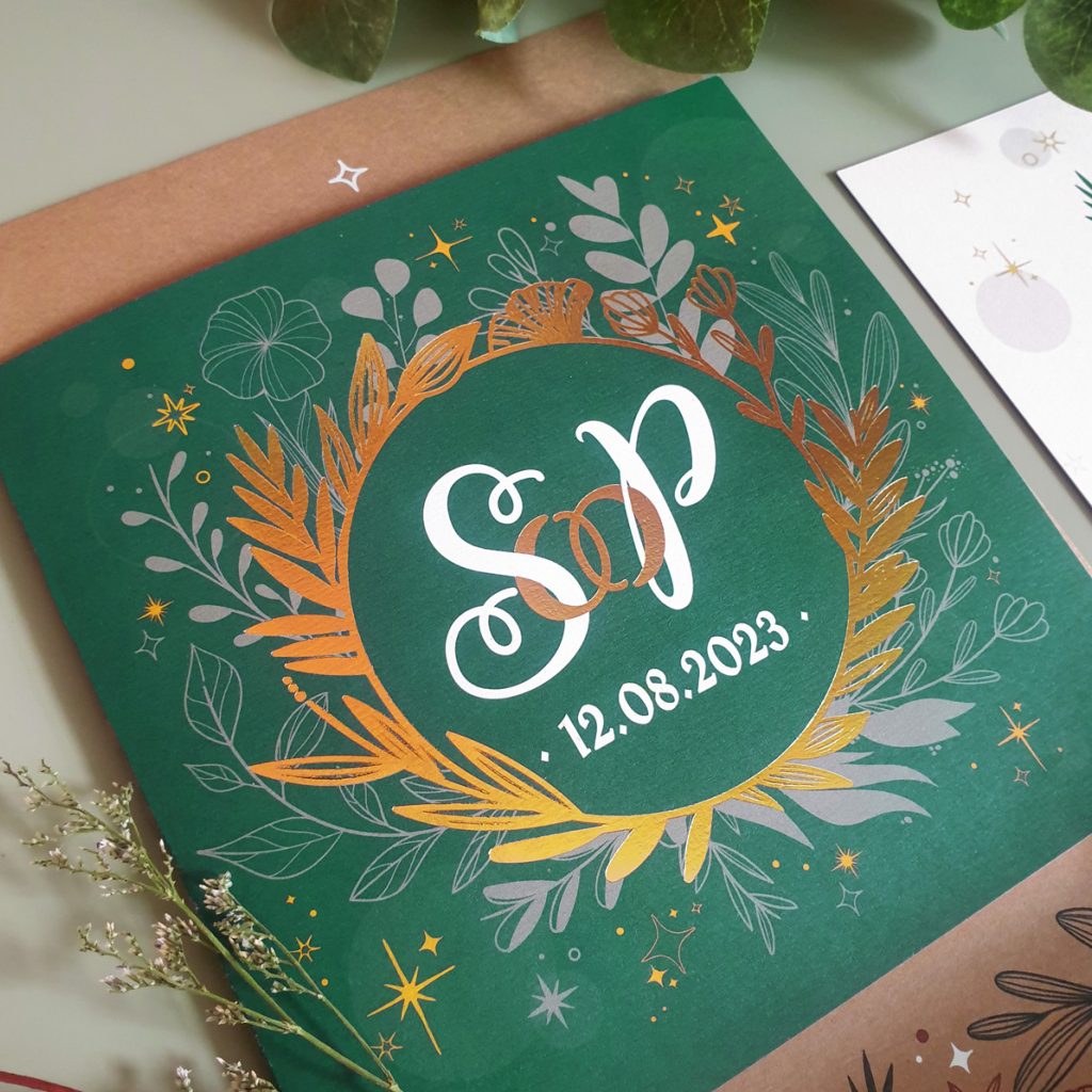 creative wedding stationery with gold and green details